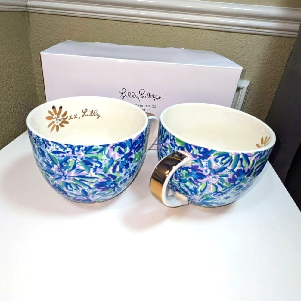 Lilly Pulitzer Mug Pair In Vibrant Blues w Gold Handle (x2) NIB